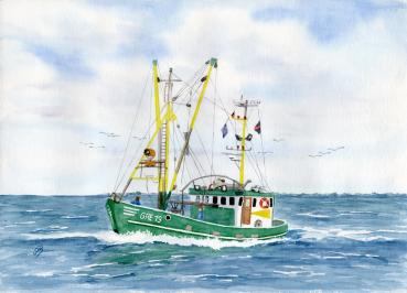 Postkarte DIN-A6    Aquarell Maritim Kunst Druck Kunstdruck Dänemark Nordsee Ostsee Fischerboot Kutter Fischkutter Krabbenkutter grün Ostfriesland Greetsiel Meer Boot Möwen